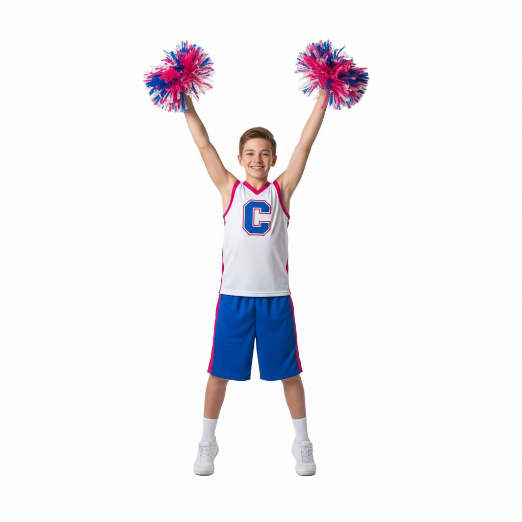 anglo boy in blue short with poms